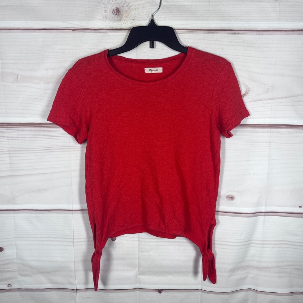 Madewell T-Shirt Women XS Red Side-Tie Short Sleeve Cotton Textured Knit Top